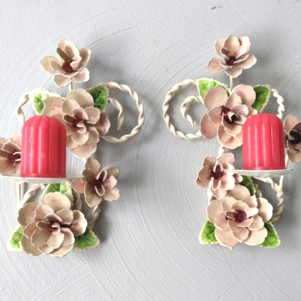 Toleware vintage French style pastel floral metal candleholders